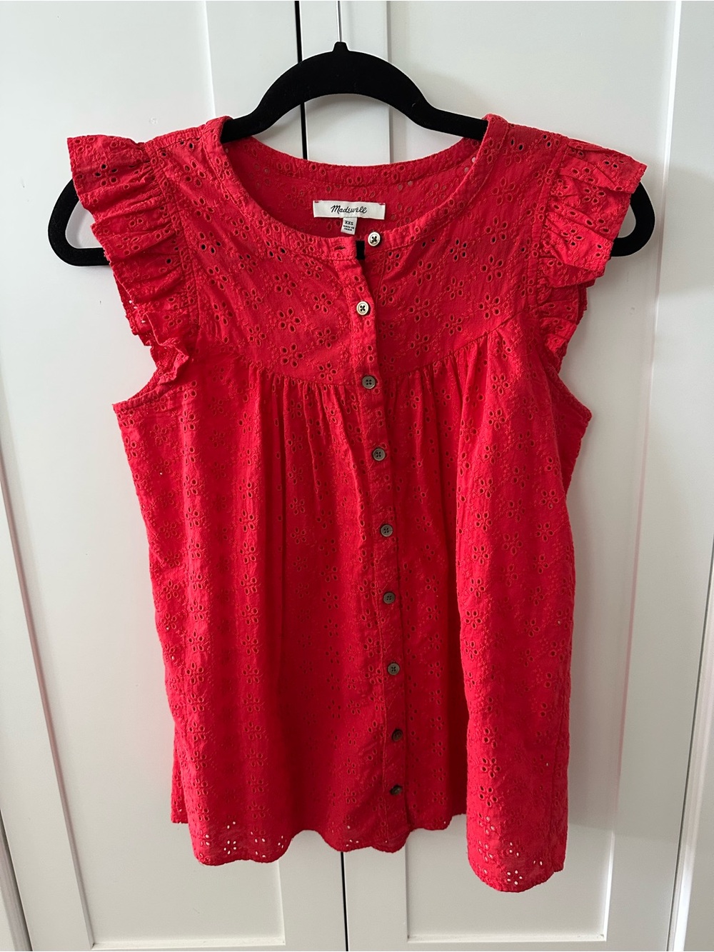 Madewell Red Eyelet Ruffle-Sleeve Button Front Top